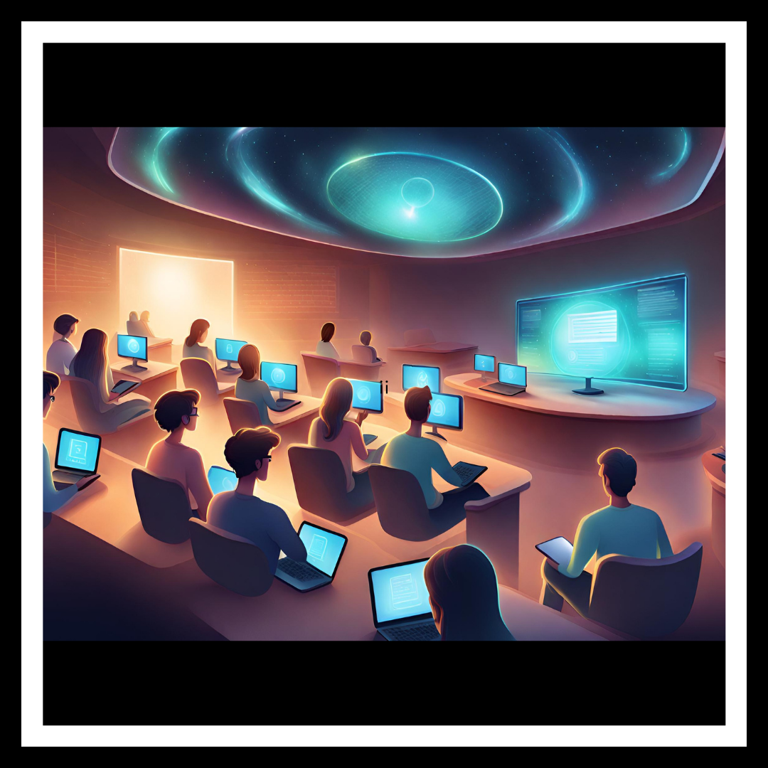 BSc in Digital Technology, Design and Innovation. Image of students in a lecture room. Image created by ChatGPT