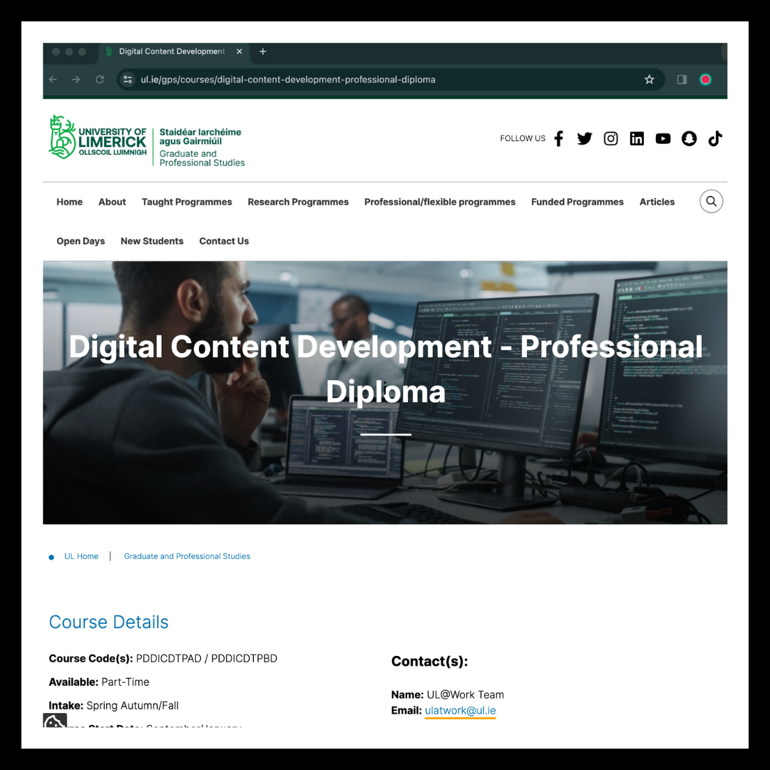 Screenshot of the Diploma in Digital Content Development website